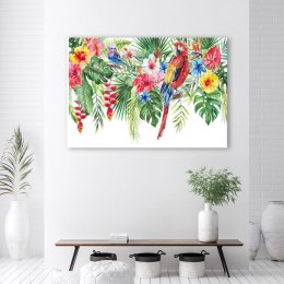 Obraz na płótnie, Liście kwiaty papuga tropikalne - 90x60