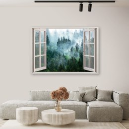 Obraz na płótnie, Okno Zielony las we mgle natura - 100x70