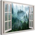 Obraz na płótnie, Okno Zielony las we mgle natura - 60x40