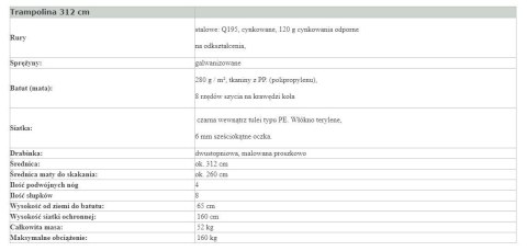 Trampolina Ogrodowa Jumpi 312cm/10FT Maxy Comfort Plus Pomarańczowa Z Wewnętrzną Siatką