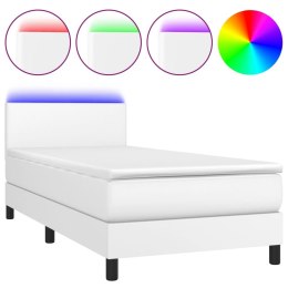 Łóżko kontynentalne z materacem i LED, biała ekoskóra 80x200 cm