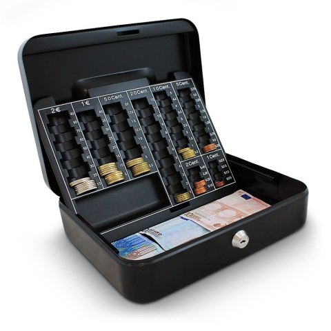 Kasetka 25cm do bilonu czarna metalowa sejf na pieniądze sezam na klucz