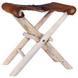 VidaXL Składany stołek, skóra naturalna i lite drewno tekowe