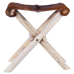 VidaXL Składany stołek, skóra naturalna i lite drewno tekowe