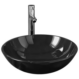 Umywalka łazienkowa z kranem i korkiem, czarna, szkło hartowane