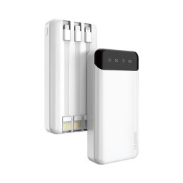 Pojemny powerbank 20000mAh z 3 wbudowanymi kablami USB-C microUSB Lightning biały