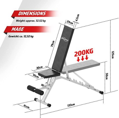 Physionics Wielofunkcyjna ławka siłowa , 126x41x49-126 cm Physionics Wielofunkcyjna ławka siłowa , 126x41x49-126 cm