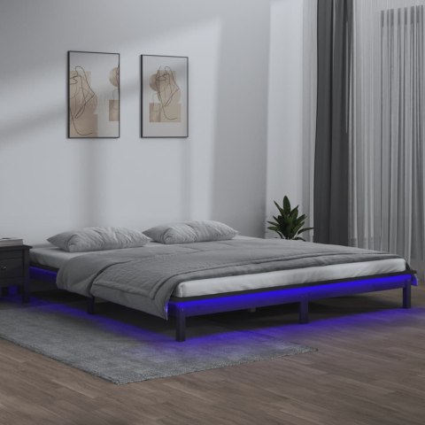 Rama łóżka z LED, szara, 135x190 cm, podwójna, lite drewno