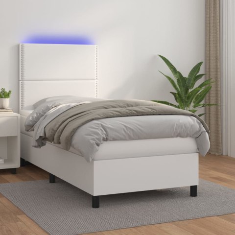 Łóżko kontynentalne z materacem i LED, biała ekoskóra 80x200 cm