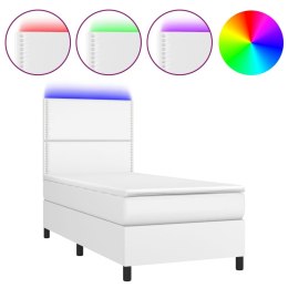 Łóżko kontynentalne z materacem i LED, biała ekoskóra 90x190 cm