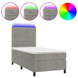 Łóżko kontynentalne z materacem i LED, szare 90x190 cm, aksamit