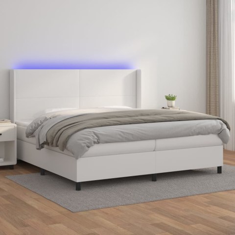 Łóżko kontynentalne z materacem i LED, biała ekoskóra 200x200cm
