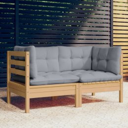 2-osobowa sofa ogrodowa z szarymi poduszkami, drewno sosnowe
