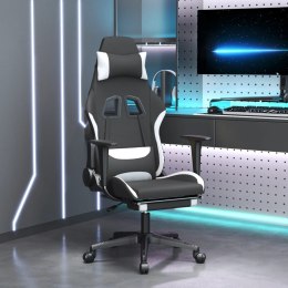 Fotel gamingowy z podnóżkiem i masażem, czarno-biały, tkanina