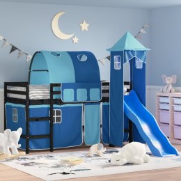 Dziecięce łóżko na antresoli, z wieżą, niebieskie, 90x190 cm