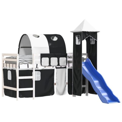 Dziecięce łóżko na antresoli, z wieżą, biało-czarne, 90x190 cm