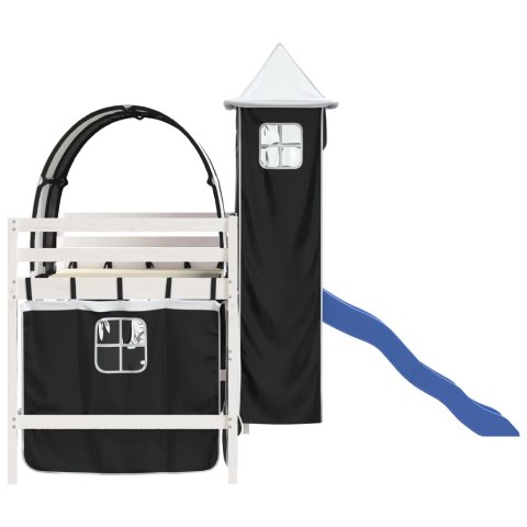 Dziecięce łóżko na antresoli, z wieżą, biało-czarne, 90x190 cm