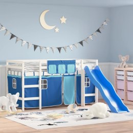 Dziecięce łóżko na antresoli, niebieskie zasłonki, 90x200 cm