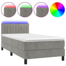 Łóżko kontynentalne z materacem i LED, szare 90x200 cm, aksamit