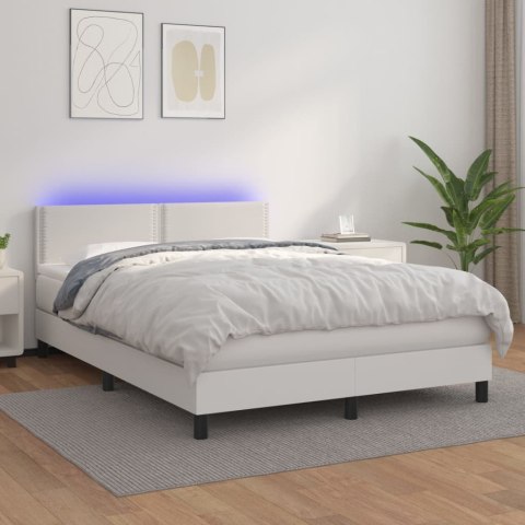 Łóżko kontynentalne z materacem i LED, biała ekoskóra 140x190cm