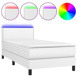 Łóżko kontynentalne z materacem i LED, biała ekoskóra 90x190 cm