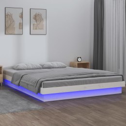 Rama łóżka z LED, biała, 135x190 cm, podwójna, lite drewno