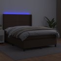 Łóżko kontynentalne z materacem i LED, brąz, ekoskóra 140x190cm