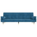 Rozkładana kanapa z poduszkami, niebieska, obita aksamitem