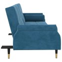 Rozkładana kanapa z poduszkami, niebieska, obita aksamitem