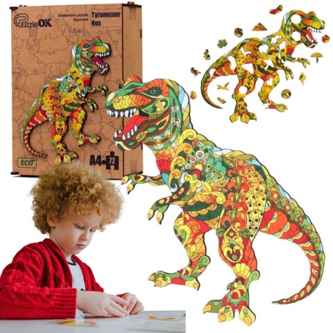 PUZZLE DREWNIANE UKŁADANKA TYRANOZAUR DINOZAUR ZESTAW PUZZLI A4 OZDOBA