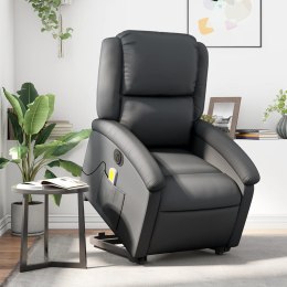 Podnoszony fotel masujący, rozkładany, czarny, skóra naturalna