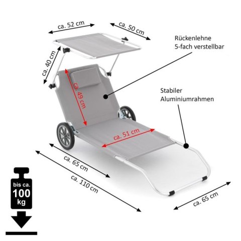 Składany leżak ogrodowy z kółkami i zadaszeniem, szary