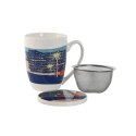 Filiżanka z Filtrem Home ESPRIT Niebieski Kolor Zielony Stal nierdzewna Porcelana Tropikalny 380 ml (3 Sztuk)