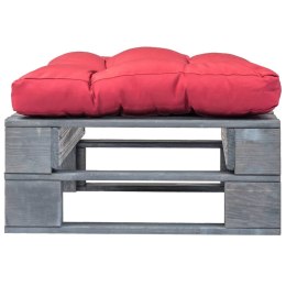 Ogrodowy stołek z palet z czerwoną poduszką, szare drewno