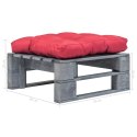 Ogrodowy stołek z palet z czerwoną poduszką, szare drewno