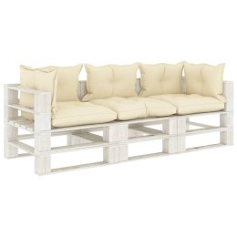 Ogrodowa sofa 3-osobowa z palet, z kremowymi poduszkami, drewno