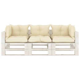 Ogrodowa sofa 3-osobowa z palet, z kremowymi poduszkami, drewno