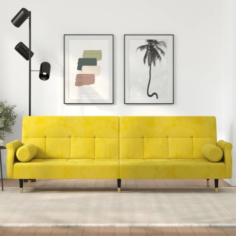 Rozkładana kanapa z poduszkami, żółta, obita aksamitem