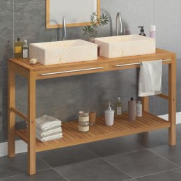 Szafka łazienkowa z 2 umywalkami, drewno tekowe, kremowy marmur