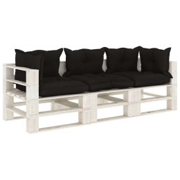 Ogrodowa sofa 3-osobowa z palet, z czarnymi poduszkami, drewno