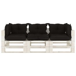 Ogrodowa sofa 3-osobowa z palet, z czarnymi poduszkami, drewno