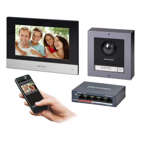 HIKVISION DS-KIS602(B) zestaw wideodomofonowy PoE jednorodzinny z monitorem dotykowym 7" z WiFi, panelem zewnętrznym z kamerą Fu