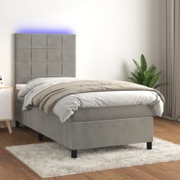 Łóżko kontynentalne z materacem i LED, szare 100x200cm, aksamit