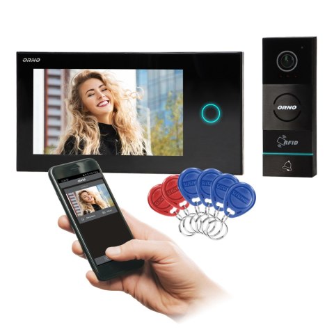 Zestaw wideodomofonowy, bezsłuchawkowy, kolor, LCD 7", dotykowy, menu OSD, WI-FI + APP na telefon, sterowanie bramą, RFID, czarn