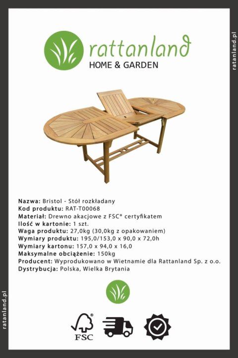 Zestaw mebli ogrodowych Bristol (153-195) x 90 z 6 krzesłami Ascot lub Bristol Ascot