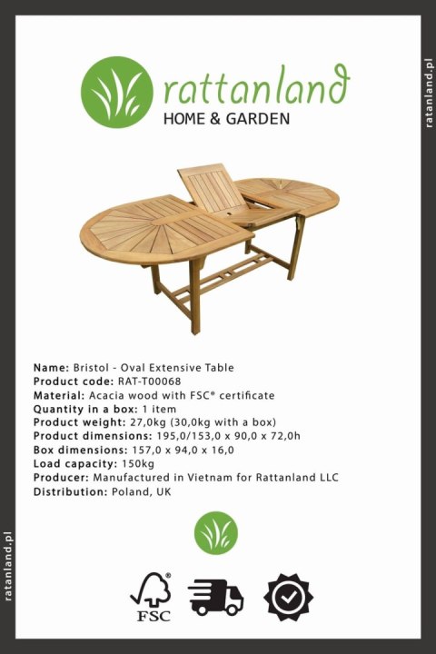 Zestaw mebli ogrodowych Bristol (153-195) x 90 z 6 krzesłami Ascot lub Bristol Ascot