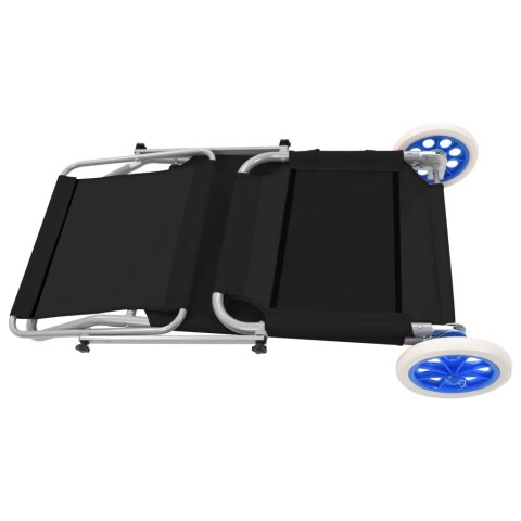 Składany leżak z zadaszeniem i kółkami, stal, czarny