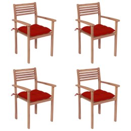 VidaXL Krzesła ogrodowe, 4 szt., czerwone poduszki, drewno tekowe