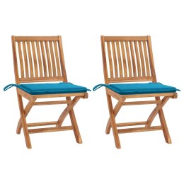 VidaXL Krzesła ogrodowe z niebieskimi poduszkami, 2 szt., tekowe