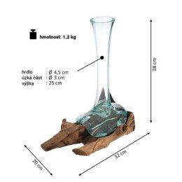 Wazon ze szkła dmuchanego na drewnie tekowym, 25 cm
